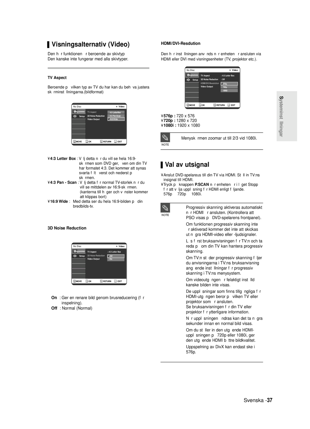 Samsung DVD-R125/XEE manual Visningsalternativ Video, Val av utsignal, HDMI/DVI-Resdution, 3D Noise Reduction 