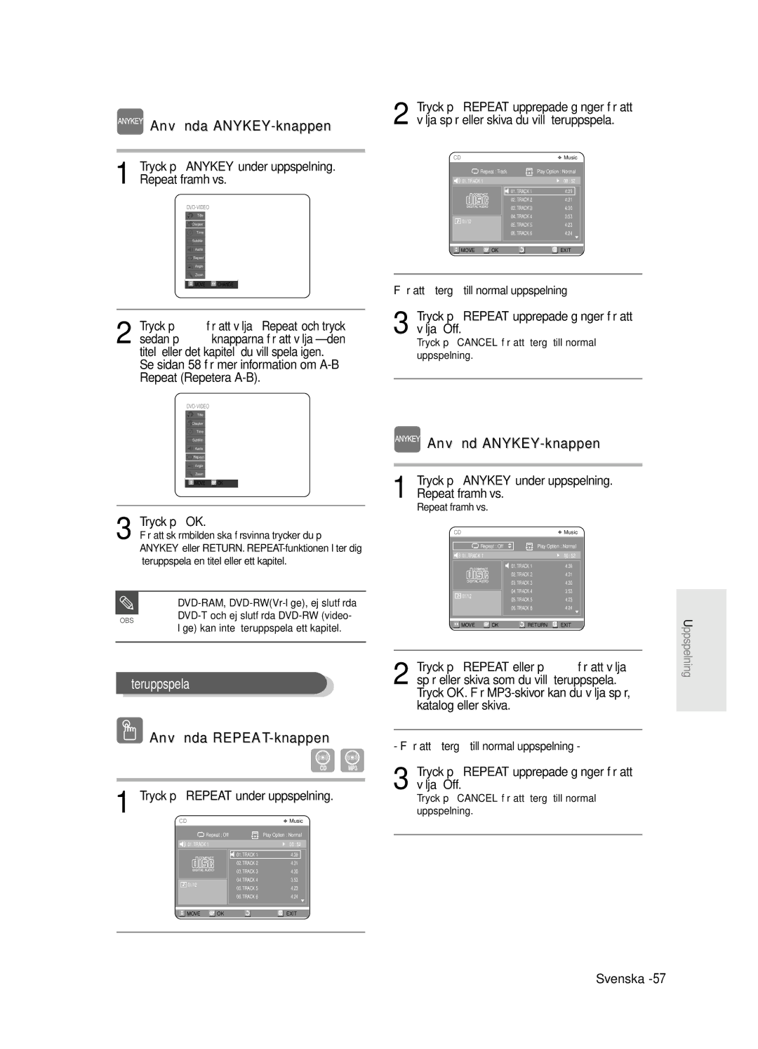 Samsung DVD-R125/XEE manual Anvä nda ANYKEY-knappen, Anvä nd ANYKEY-knappen 