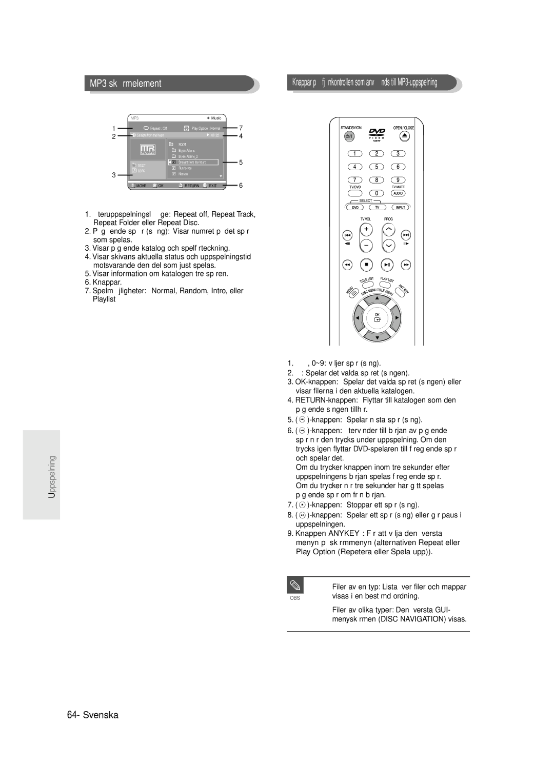 Samsung DVD-R125/XEE manual MP3 skärmelement, Visar pågående katalog och spelförteckning, Visas i en bestämd ordning 