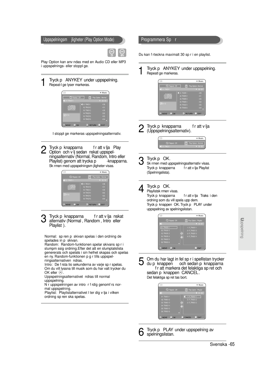 Samsung DVD-R125/XEE manual Tryck på knapparna œ √ för att välja Uppspelningsalternativ, Playlist 