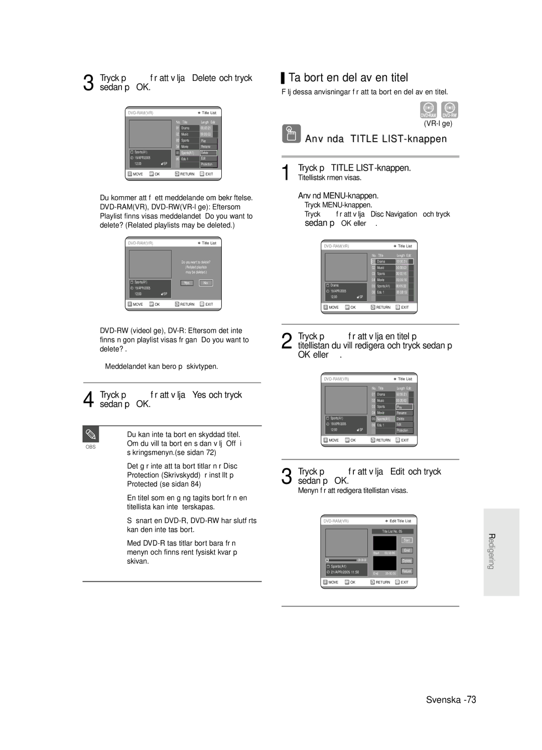 Samsung DVD-R125/XEE manual Ta bort en del av en titel, Tryck på …† för att välja Delete och tryck sedan på OK 