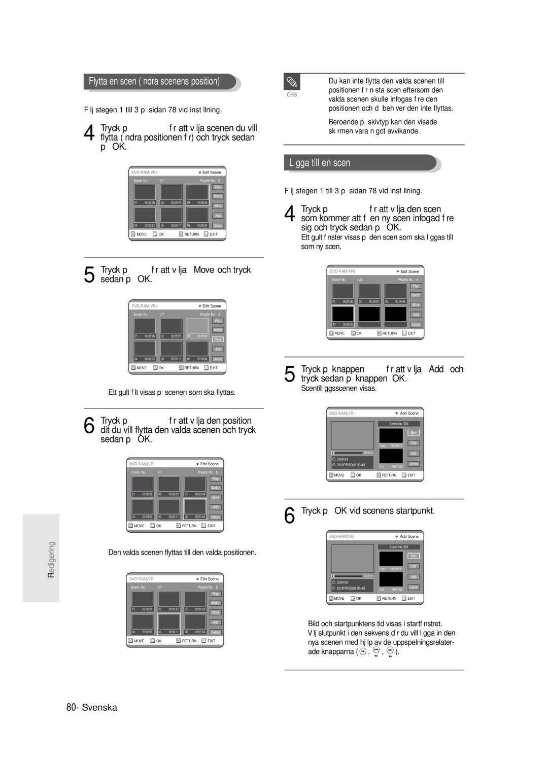 Samsung DVD-R125/XEE manual Flytta en scen ändra scenens position, Lägga till en scen, Sedan på OK 