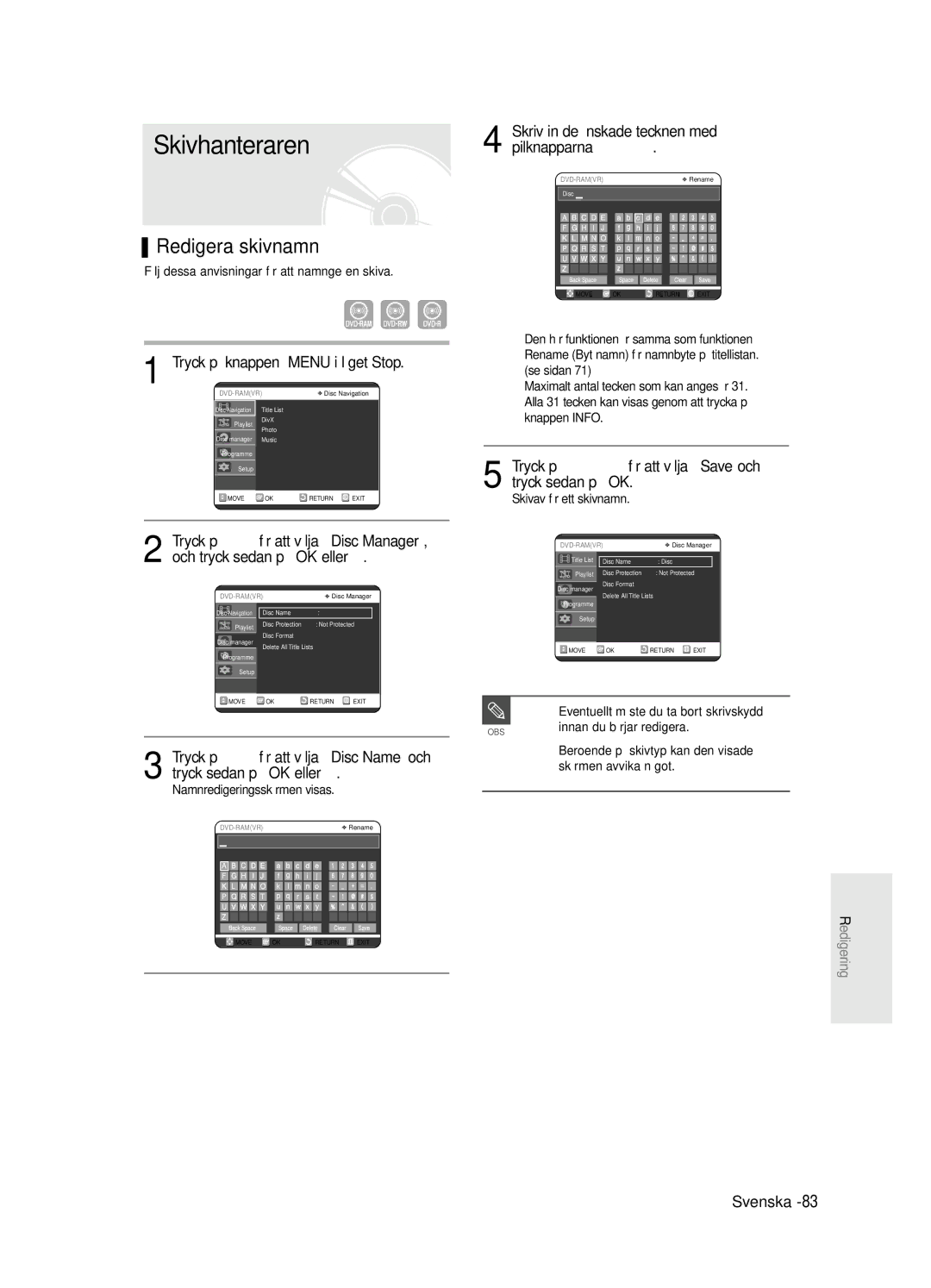 Samsung DVD-R125/XEE manual Skivhanteraren, Redigera skivnamn, Och tryck sedan på OK eller √ 