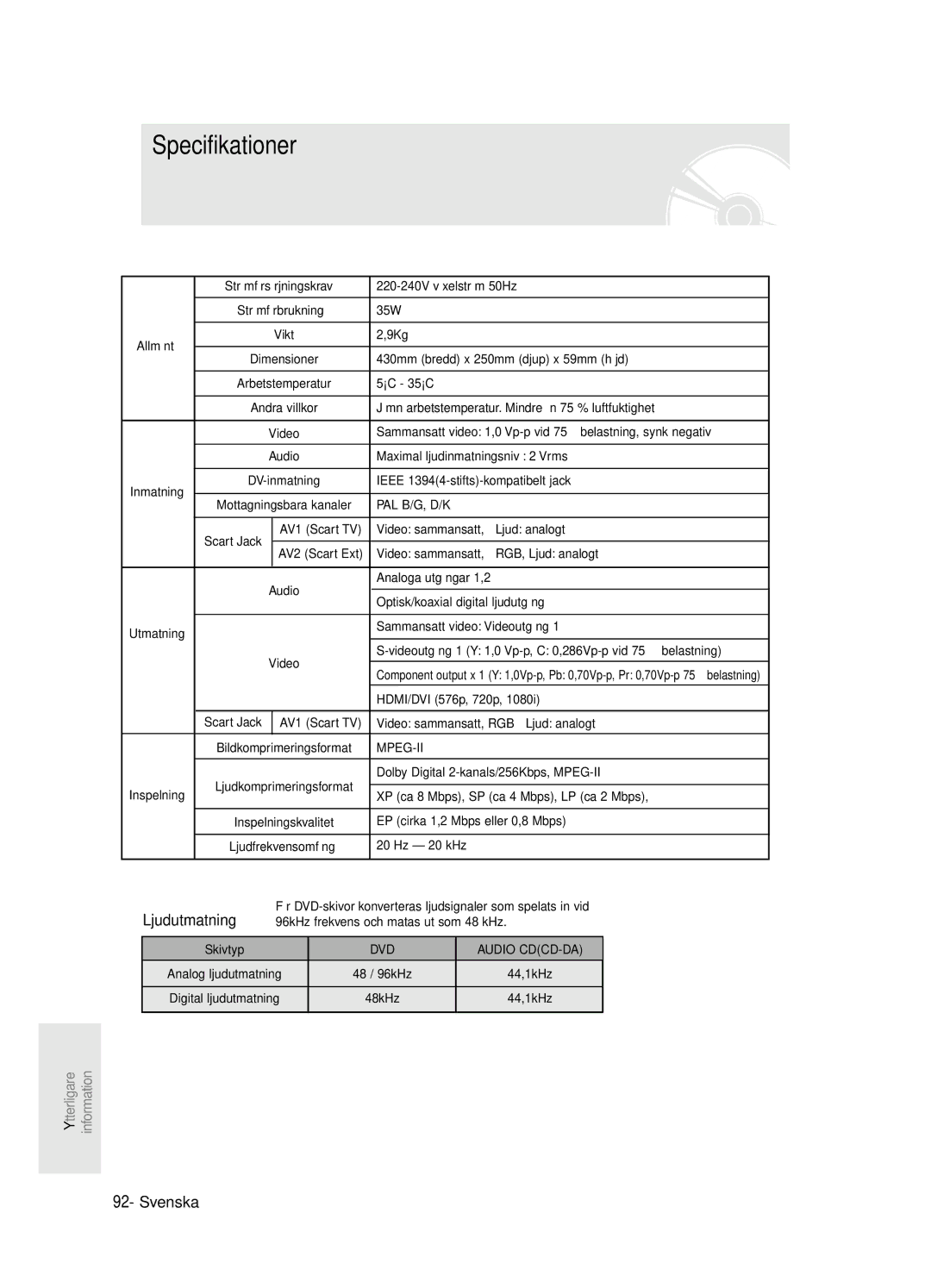 Samsung DVD-R125/XEE manual Specifikationer, Ljudutmatning 