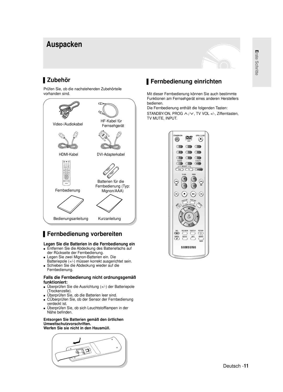 Samsung DVD-R125/XEG manual Auspacken, Zubehör, Fernbedienung vorbereiten, Fernbedienung einrichten 