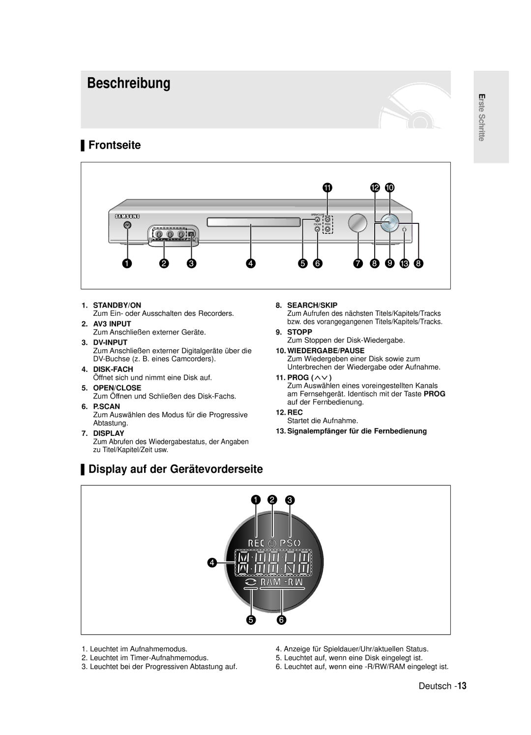 Samsung DVD-R125/XEG manual Beschreibung, Frontseite, Display auf der Gerätevorderseite 