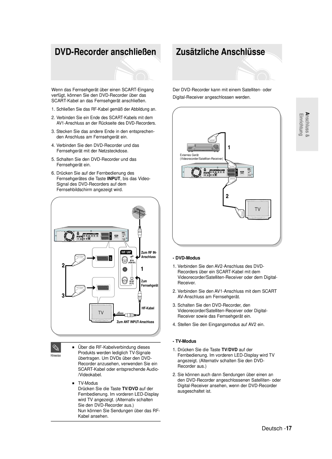 Samsung DVD-R125/XEG manual DVD-Recorder anschließen, Zusätzliche Anschlüsse, DVD-Modus, TV-Modus 