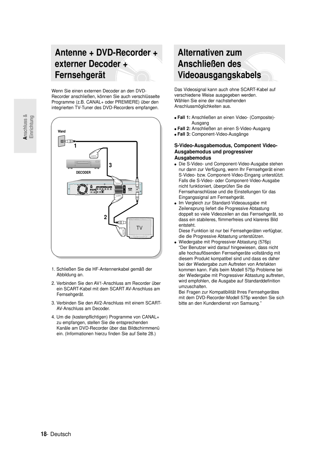 Samsung DVD-R125/XEG manual Alternativen zum Anschließen des Videoausgangskabels 