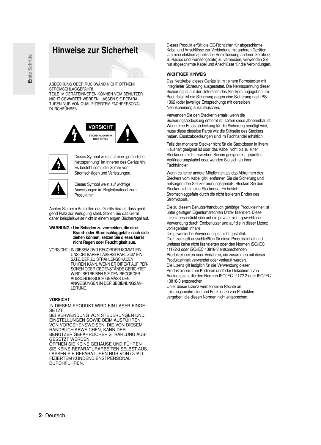 Samsung DVD-R125/XEG manual Hinweise zur Sicherheit, Deutsch, Die gewerbliche Verwendung ist nicht gestattet 