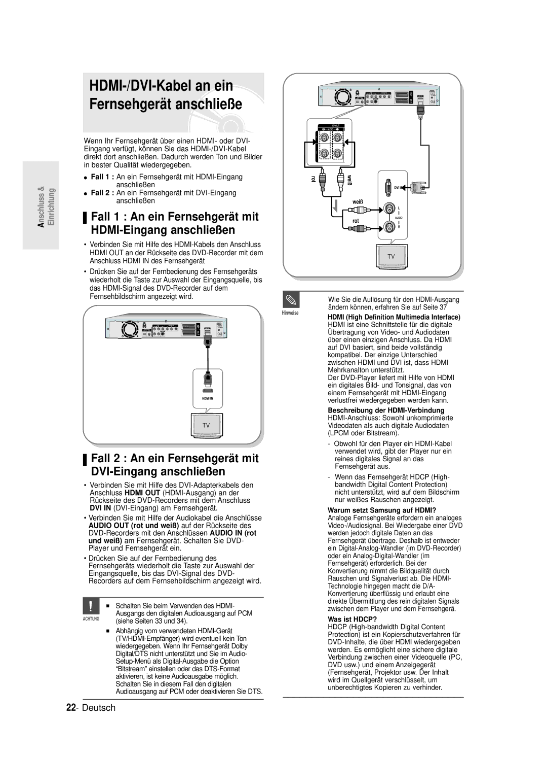 Samsung DVD-R125/XEG manual HDMI-/DVI-Kabel an ein Fernsehgerät anschließe, Fall 1 An ein Fernsehgerä t mit 