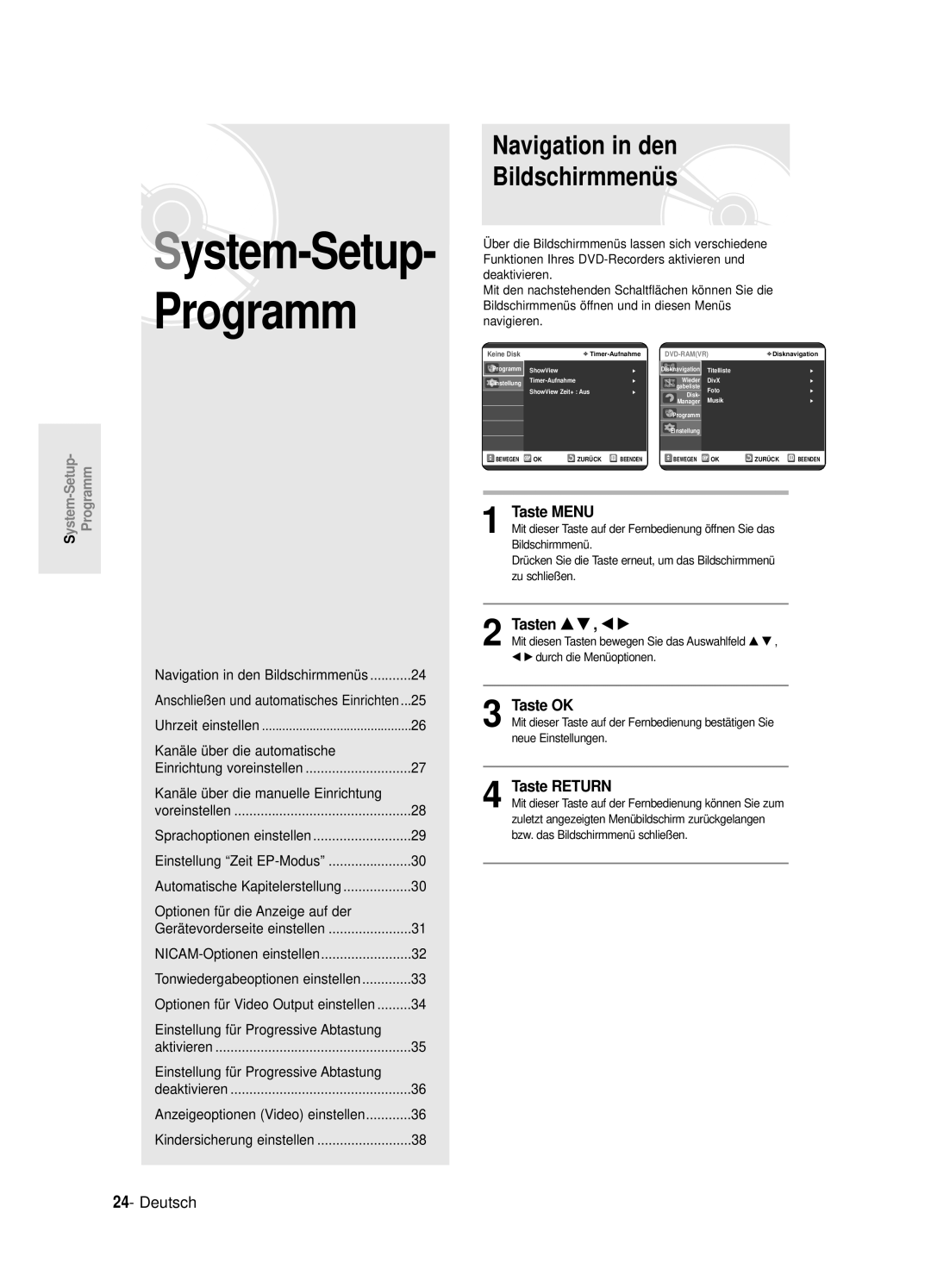 Samsung DVD-R125/XEG Navigation in den Bildschirmmenü s, Navigation in den Bildschirmmenüs, Uhrzeit einstellen, Aktivieren 