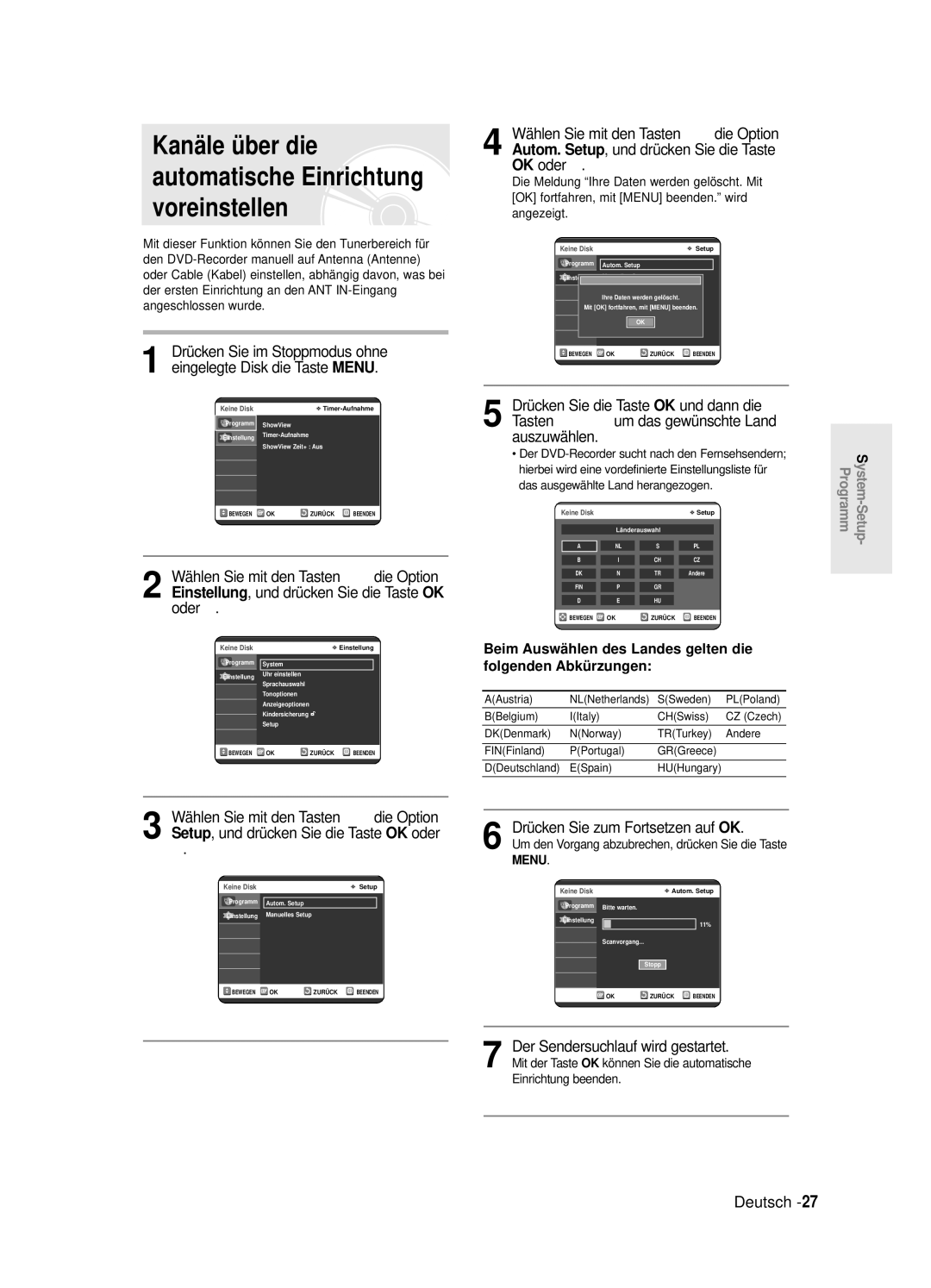 Samsung DVD-R125/XEG manual Kanäle ü ber die automatische Einrichtung voreinstellen 