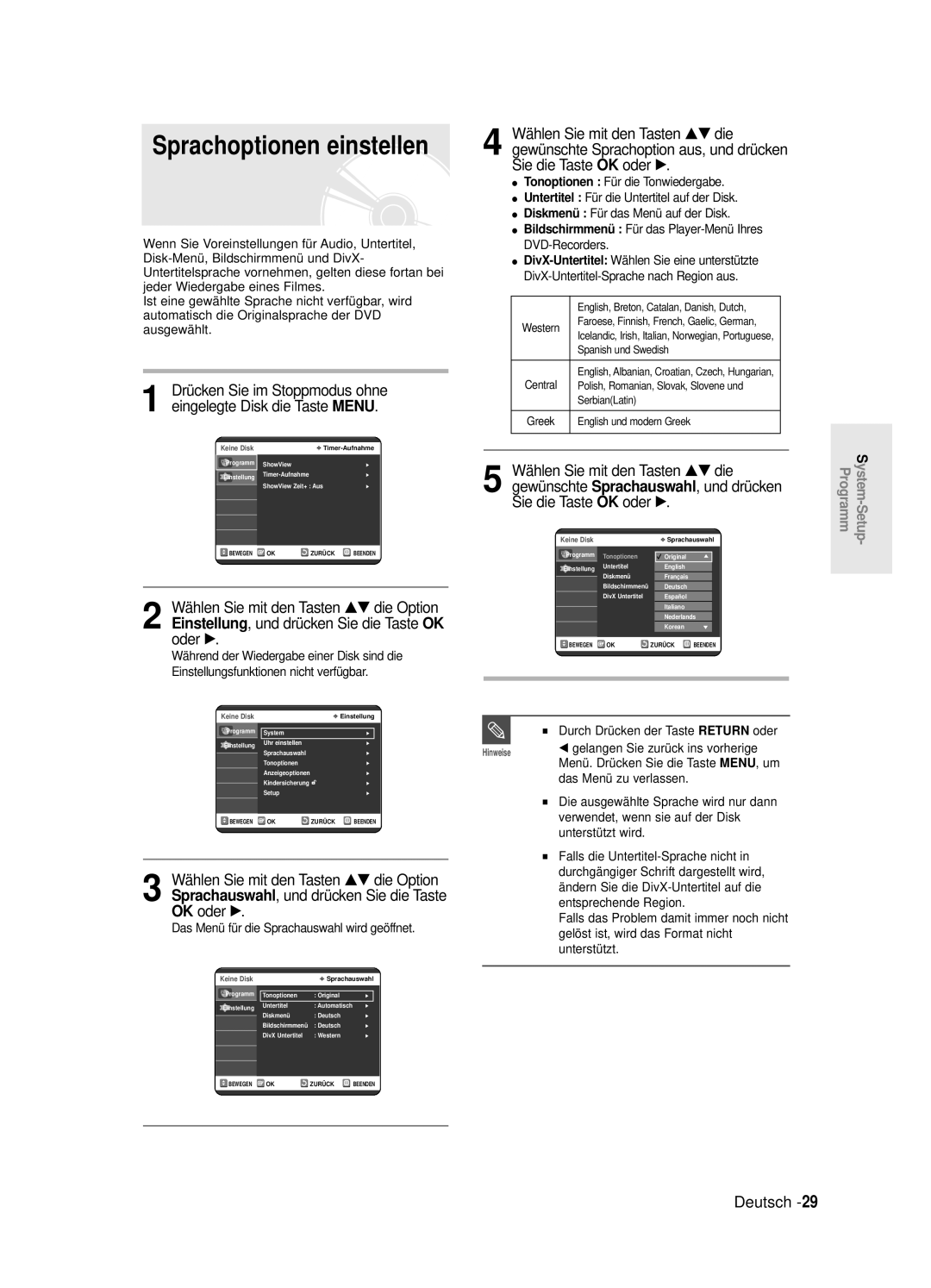 Samsung DVD-R125/XEG manual Sprachoptionen einstellen, Das Menü für die Sprachauswahl wird geöffnet, Das Menü zu verlassen 