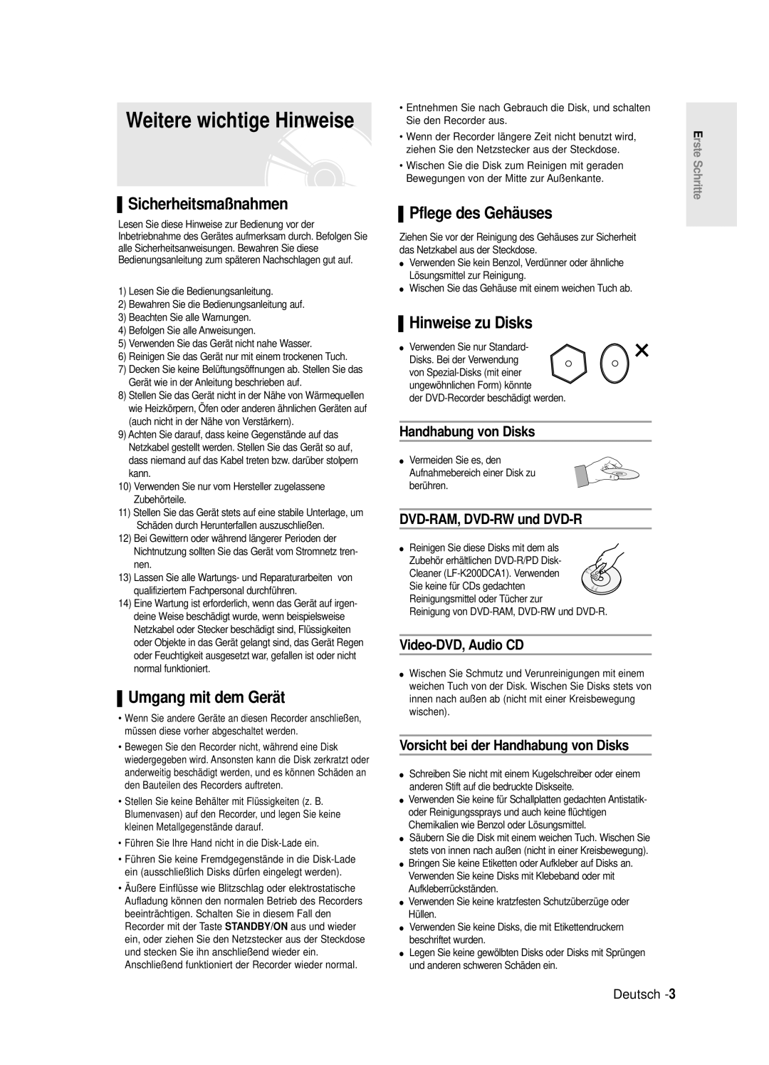 Samsung DVD-R125/XEG manual Weitere wichtige Hinweise, Sicherheitsmaßnahmen, Umgang mit dem Gerät, Pflege des Gehäuses 