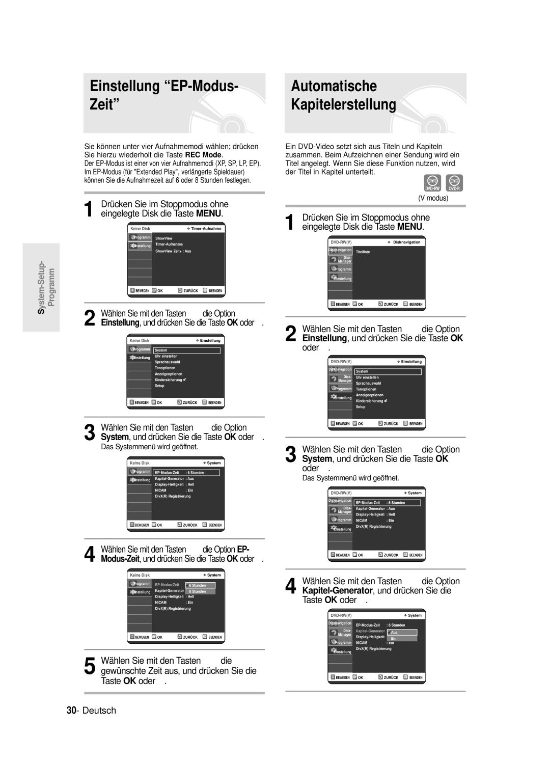 Samsung DVD-R125/XEG Einstellung EP-Modus Automatische Zeit, Kapitelerstellung, Wählen Sie mit den Tasten …†die Option EP 