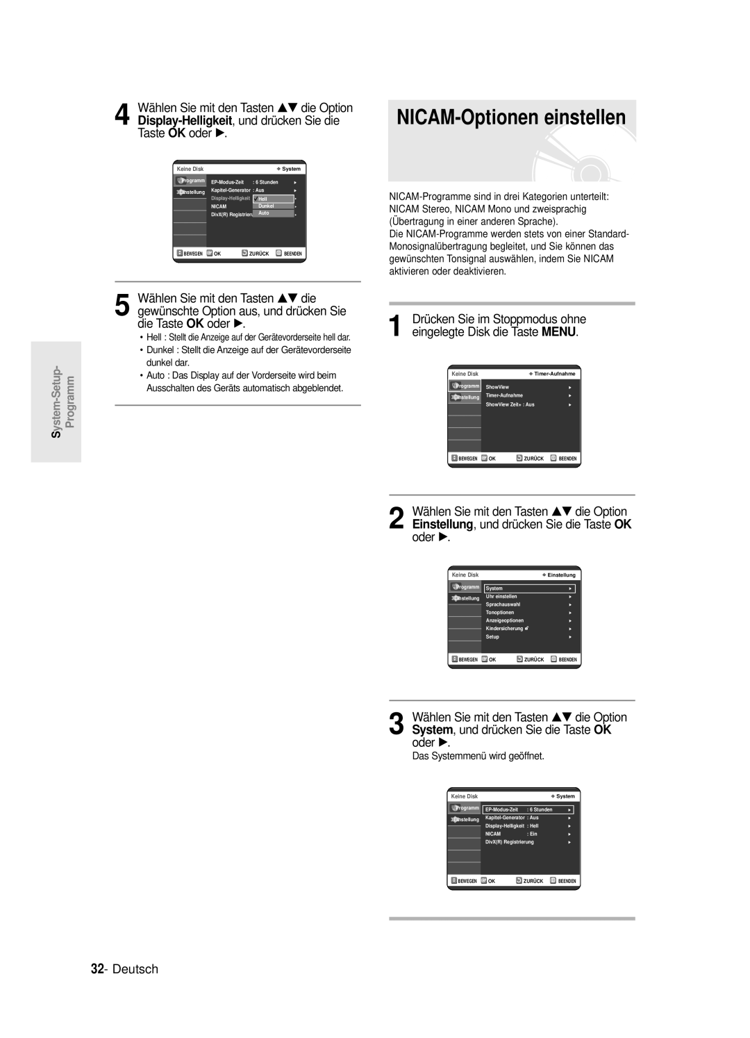 Samsung DVD-R125/XEG manual NICAM-Optionen einstellen, Bertragung in einer anderen Sprache 