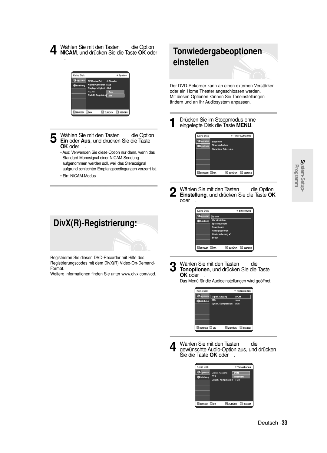 Samsung DVD-R125/XEG manual DivXR-Registrierung, Tonwiedergabeoptionen einstellen, Ein NICAM-Modus 