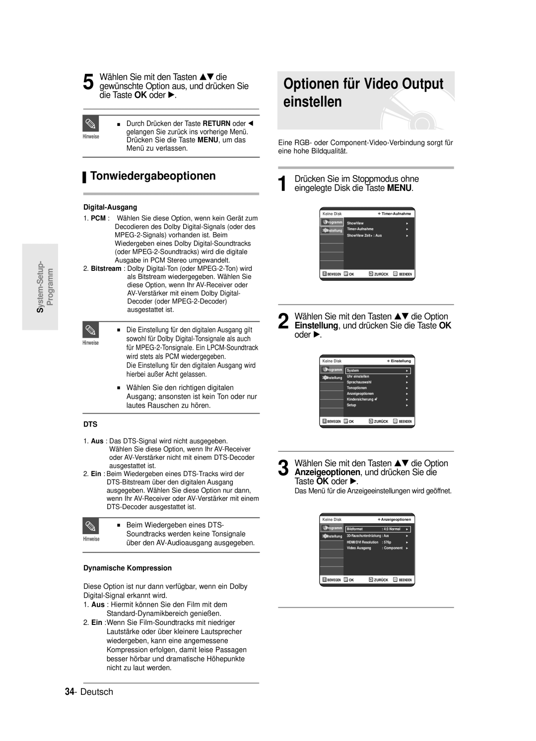 Samsung DVD-R125/XEG Optionen fü r Video Output einstellen, Tonwiedergabeoptionen, Digital-Ausgang, Dynamische Kompression 