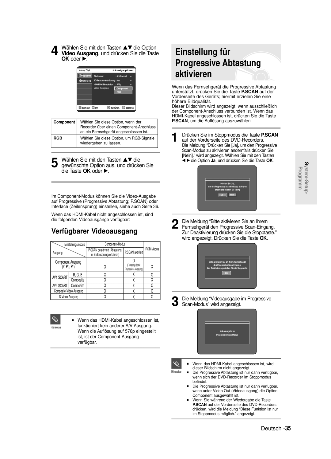 Samsung DVD-R125/XEG manual Einstellung fü r Progressive Abtastung aktivieren, Verfü gbarer Videoausgang 