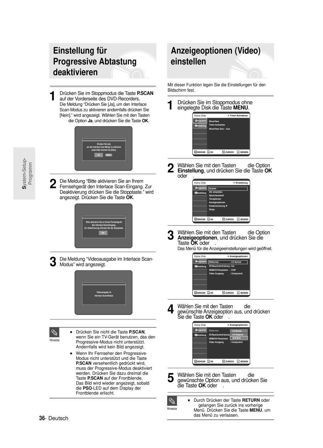 Samsung DVD-R125/XEG manual Einstellung fü r Progressive Abtastung deaktivieren, Anzeigeoptionen Video einstellen 