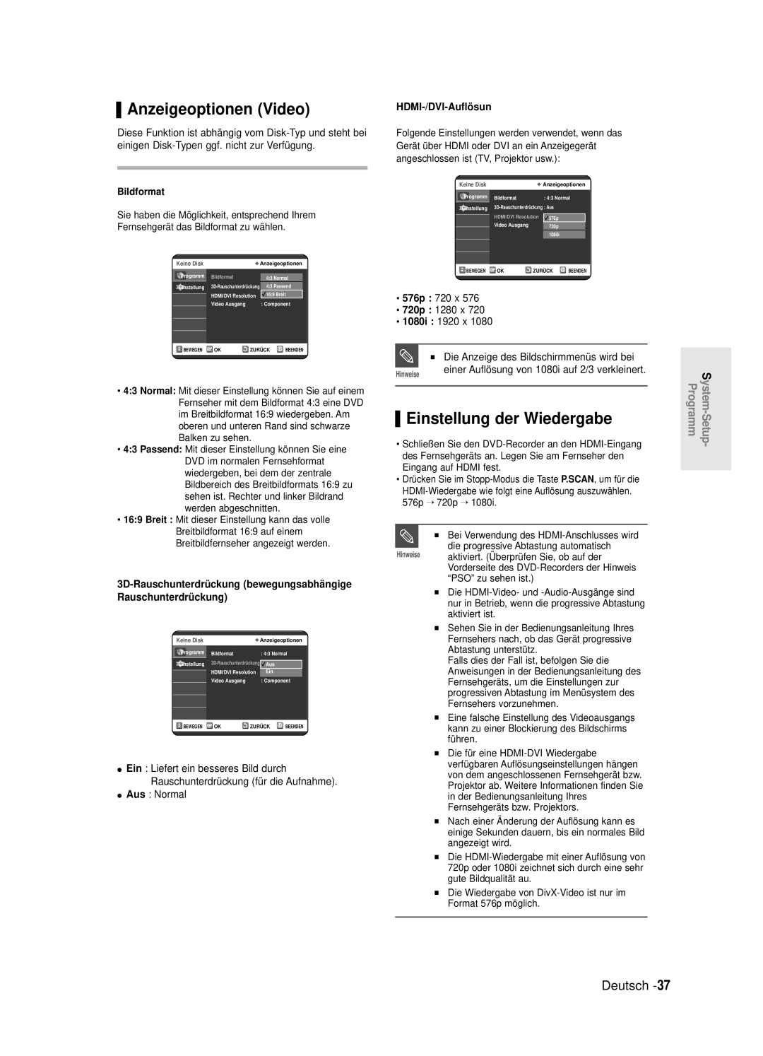 Samsung DVD-R125/XEG manual Anzeigeoptionen Video, Einstellung der Wiedergabe, Aus Normal, HDMI-/DVI-Auflö sun 