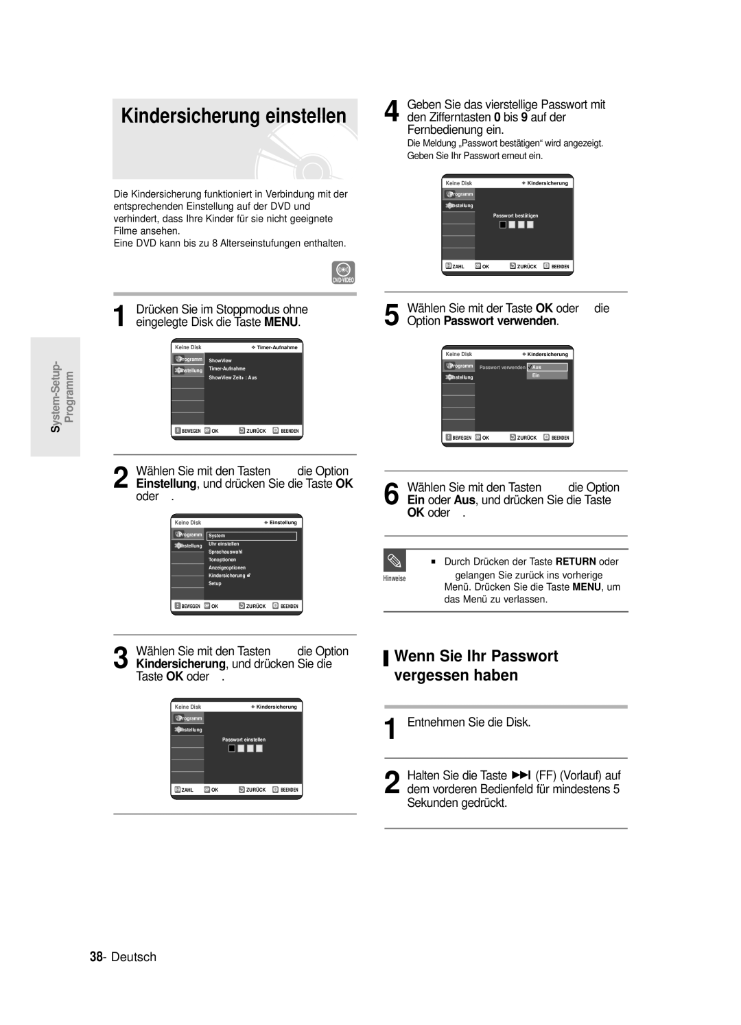 Samsung DVD-R125/XEG manual Kindersicherung einstellen 