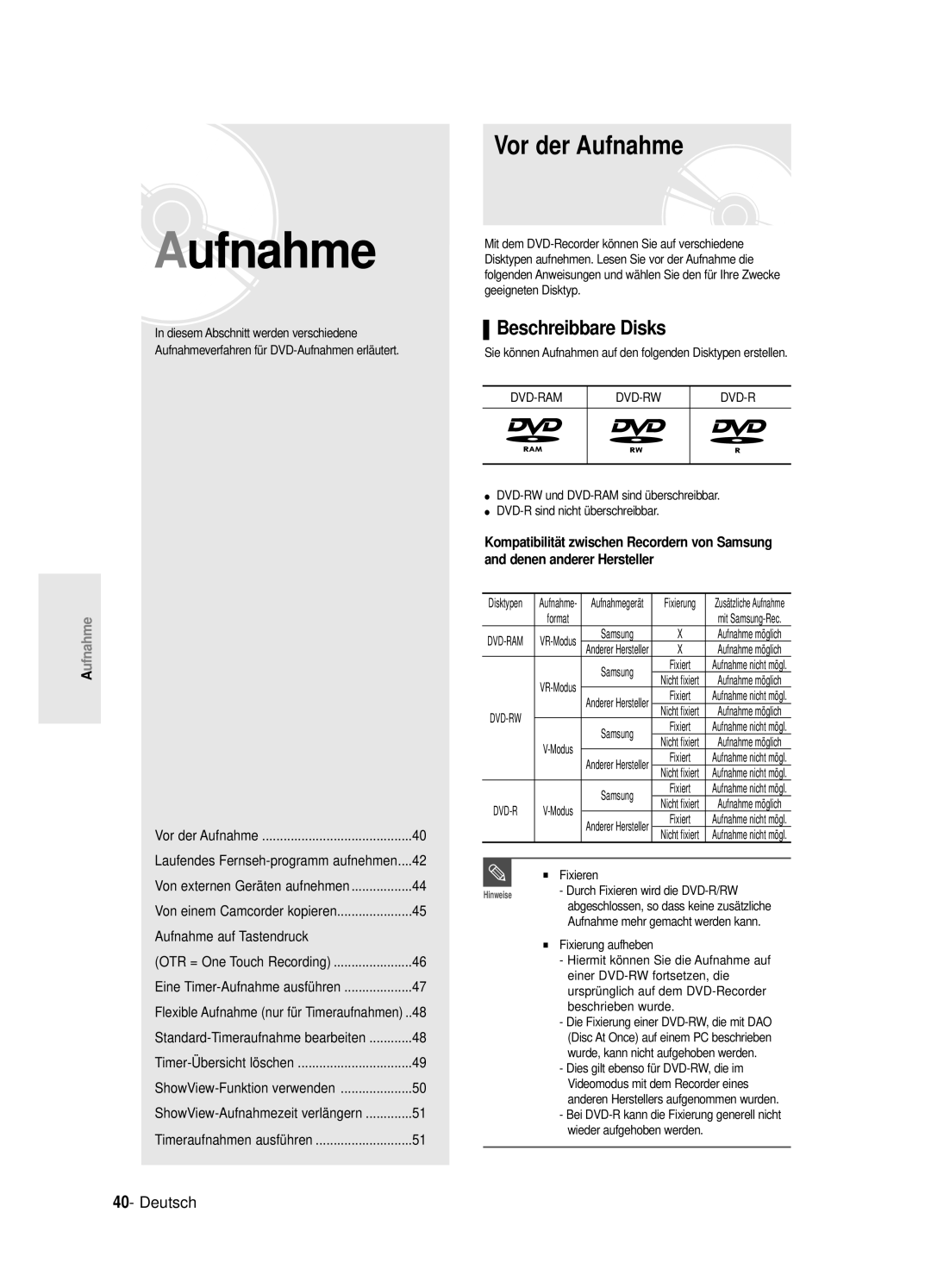 Samsung DVD-R125/XEG manual Vor der Aufnahme, Beschreibbare Disks 