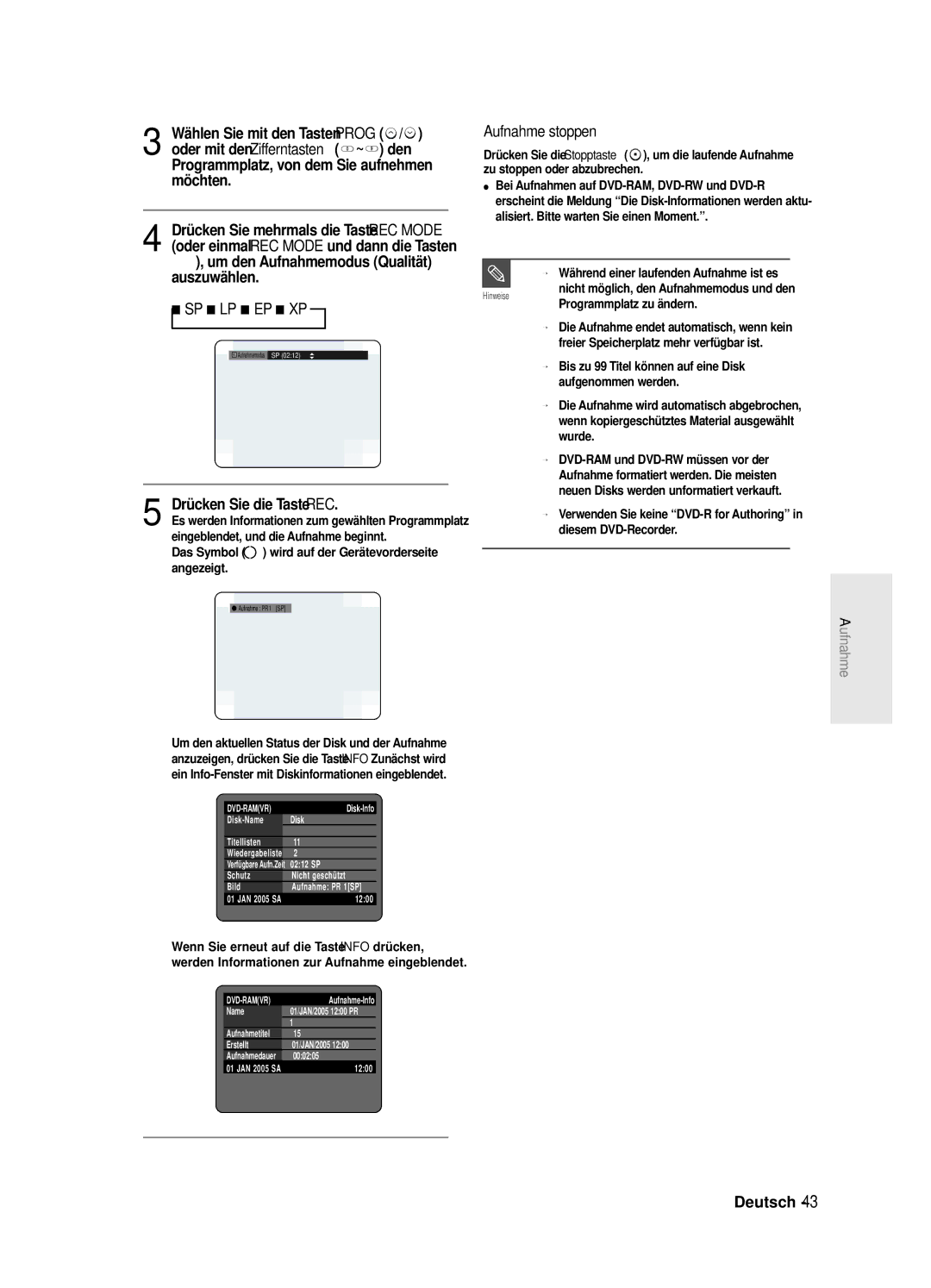 Samsung DVD-R125/XEG manual Drücken Sie die Taste REC, Während einer laufenden Aufnahme ist es, Sp Lp Ep Xp 