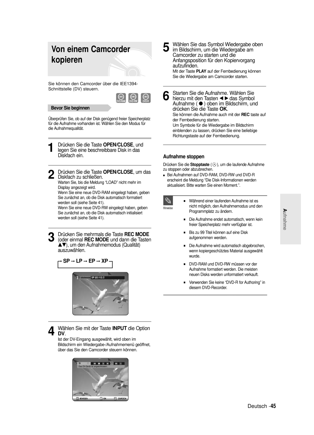 Samsung DVD-R125/XEG manual Von einem Camcorder kopieren, Wählen Sie mit der Taste Input die Option DV 