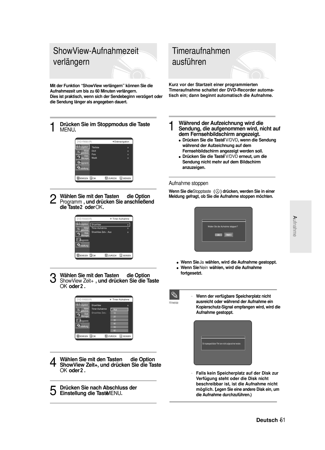 Samsung DVD-R125/XEG manual Timeraufnahmen, Verlängern Ausführen, Drücken Sie im Stoppmodus die Taste Menu 