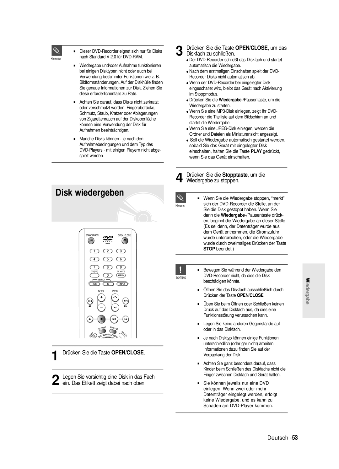 Samsung DVD-R125/XEG manual Disk wiedergeben, Drücken Sie die Taste OPEN/CLOSE 