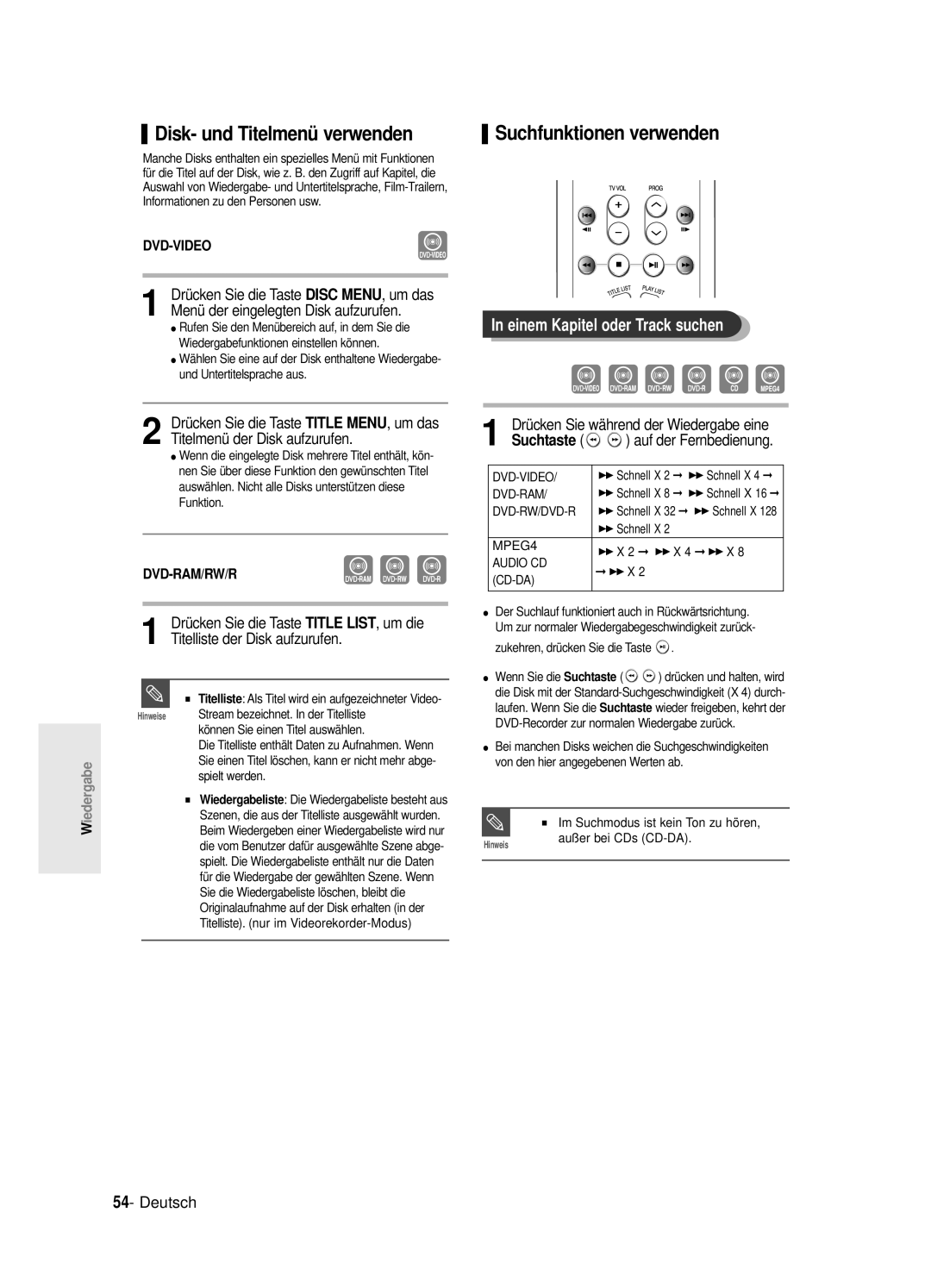 Samsung DVD-R125/XEG manual Disk- und Titelmenü verwenden, Suchfunktionen verwenden, Einem Kapitel oder Track suchen 