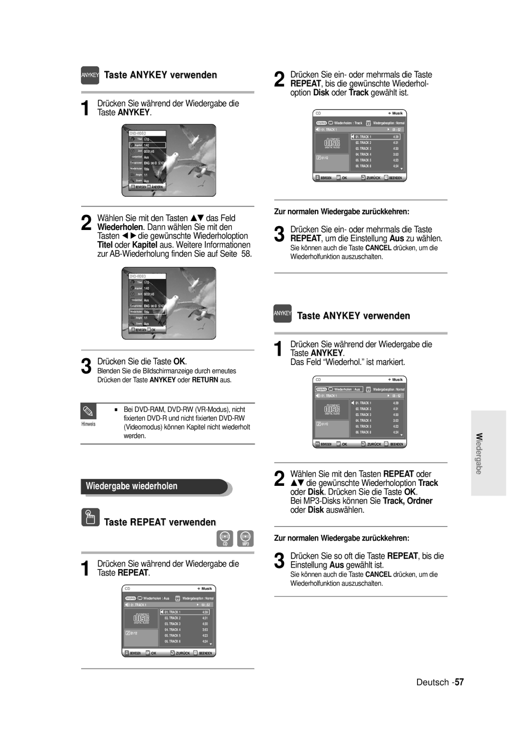 Samsung DVD-R125/XEG manual Taste Anykey verwenden, Bei MP3-Disks können Sie Track, Ordner oder Disk auswählen, Werden 