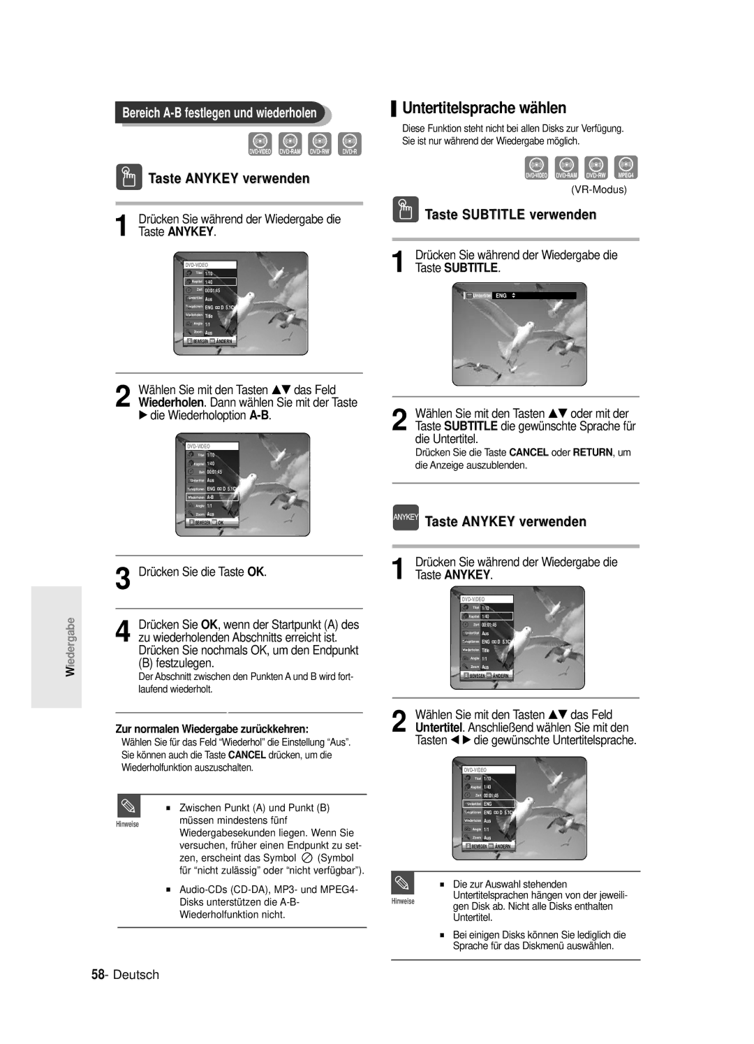 Samsung DVD-R125/XEG manual Bereich A-B festlegen und wiederholen, Taste Subtitle verwenden, √ die Wiederholoption A-B 