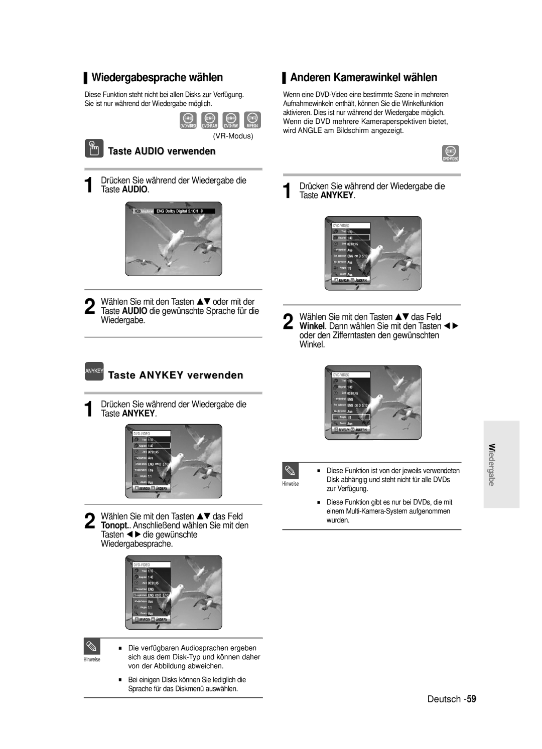 Samsung DVD-R125/XEG manual Wiedergabesprache wählen, Anderen Kamerawinkel wählen, Taste Audio verwenden, Taste Anykey 