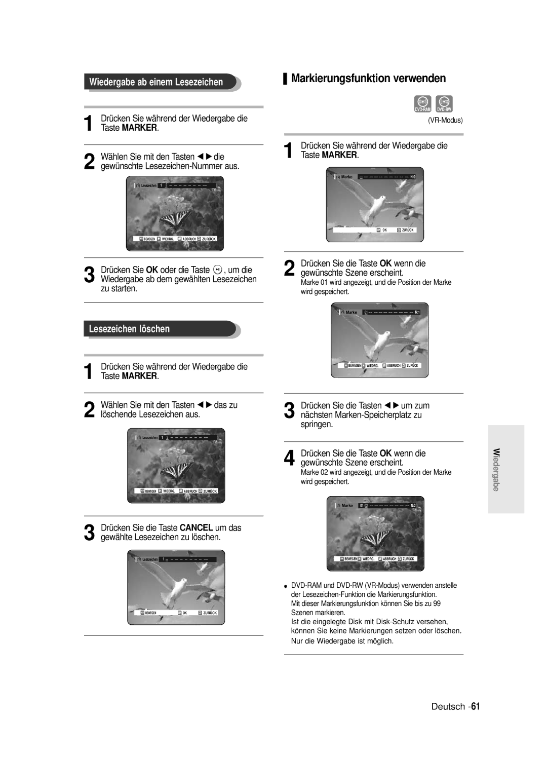 Samsung DVD-R125/XEG manual Markierungsfunktion verwenden, Wiedergabe ab einem Lesezeichen, Lesezeichen lö schen 