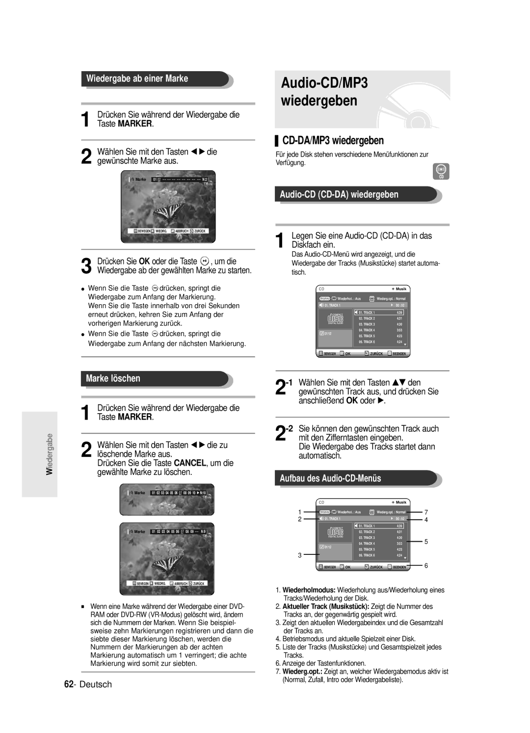 Samsung DVD-R125/XEG manual CD-DA/MP3 wiedergeben, Wiedergabe ab einer Marke, Audio-CD CD-DA wiedergeben, Marke löschen 