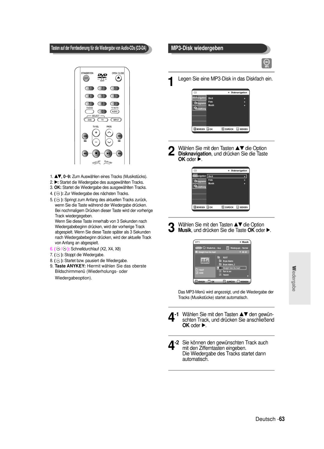 Samsung DVD-R125/XEG manual Legen Sie eine MP3-Disk in das Diskfach ein, Die Wiedergabe des Tracks startet dann automatisch 