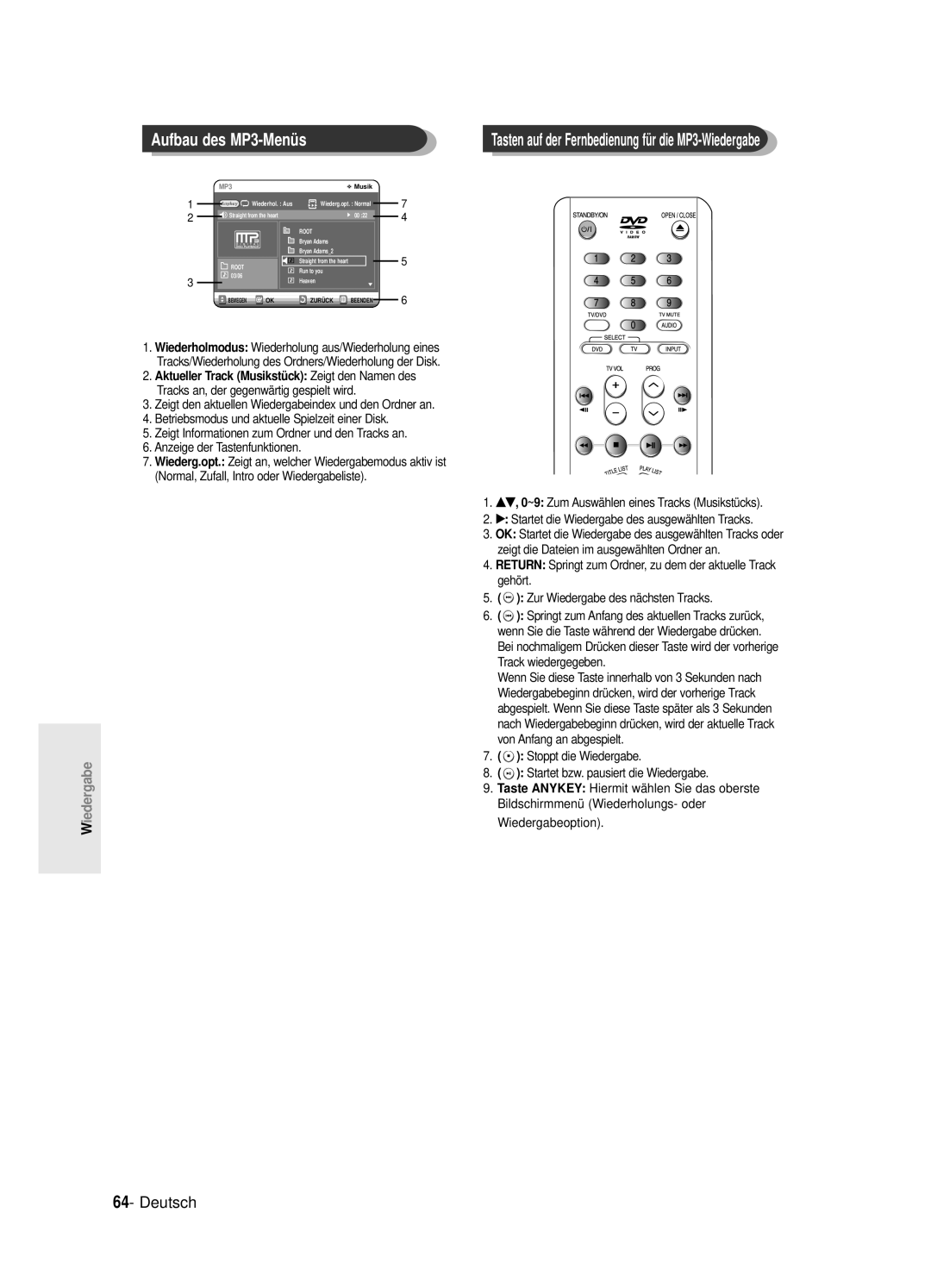 Samsung DVD-R125/XEG manual Aufbau des MP3-Menü s, Aktueller Track Musikstü ck Zeigt den Namen des 