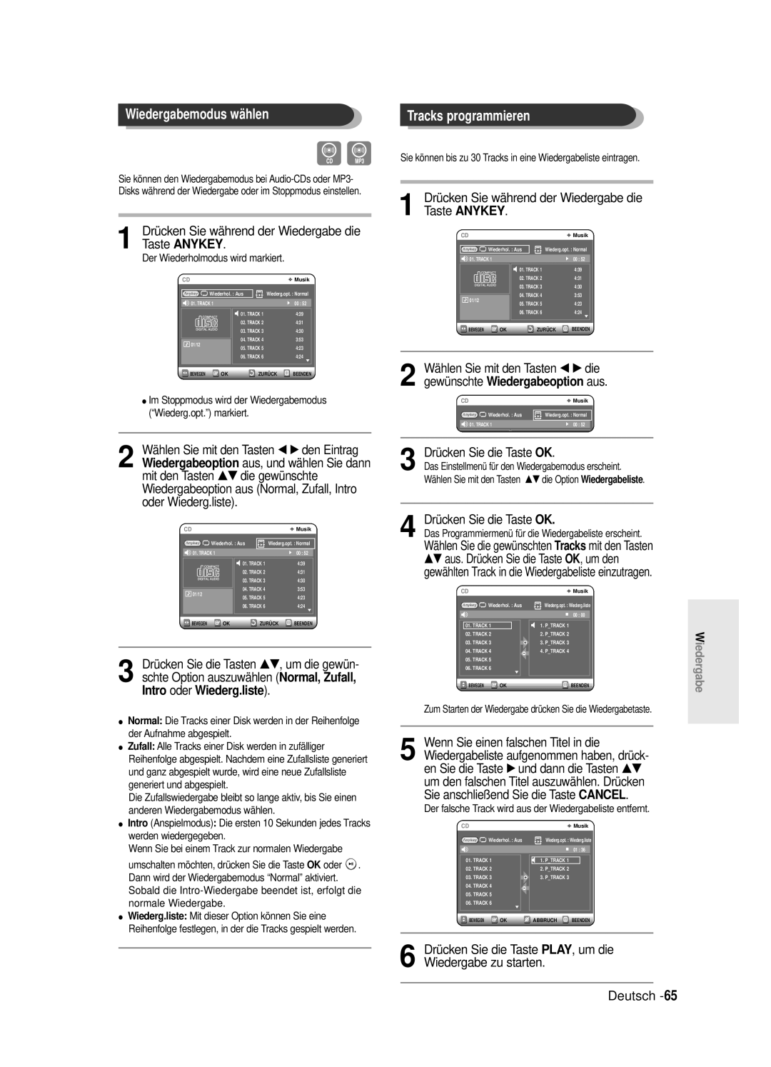 Samsung DVD-R125/XEG manual Wiedergabemodus wählen, Tracks programmieren, Der Wiederholmodus wird markiert 