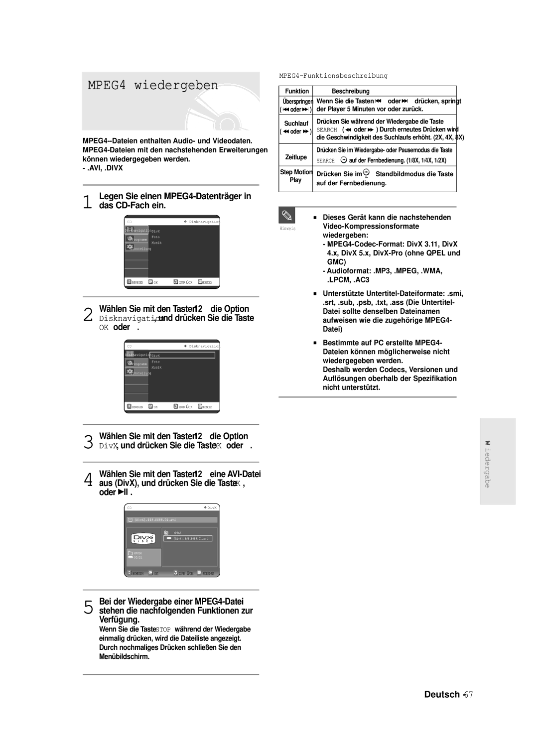 Samsung DVD-R125/XEG manual MPEG4 wiedergeben, MPEG4-Funktionsbeschreibung 