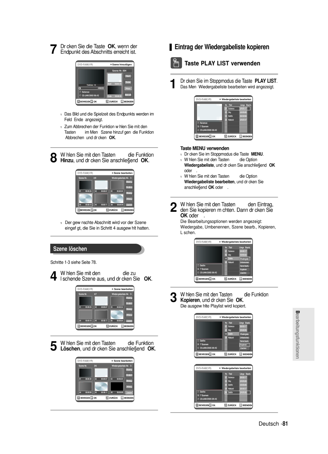 Samsung DVD-R125/XEG manual Szene löschen, Taste Play List verwenden, Wählen Sie mit den Tasten …† die Funktion 