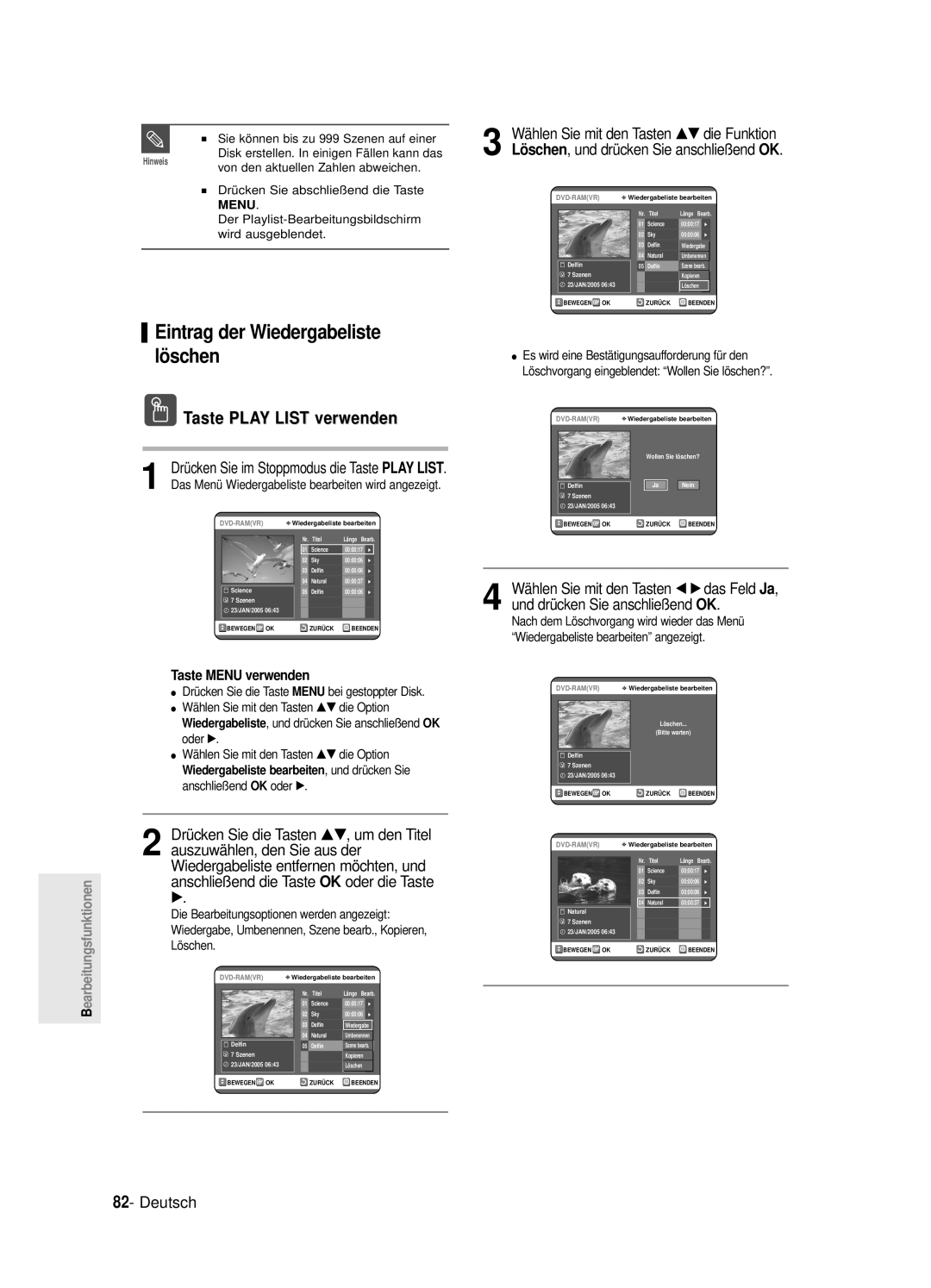 Samsung DVD-R125/XEG manual Löschen , und drücken Sie anschließend OK, Sie können bis zu 999 Szenen auf einer 