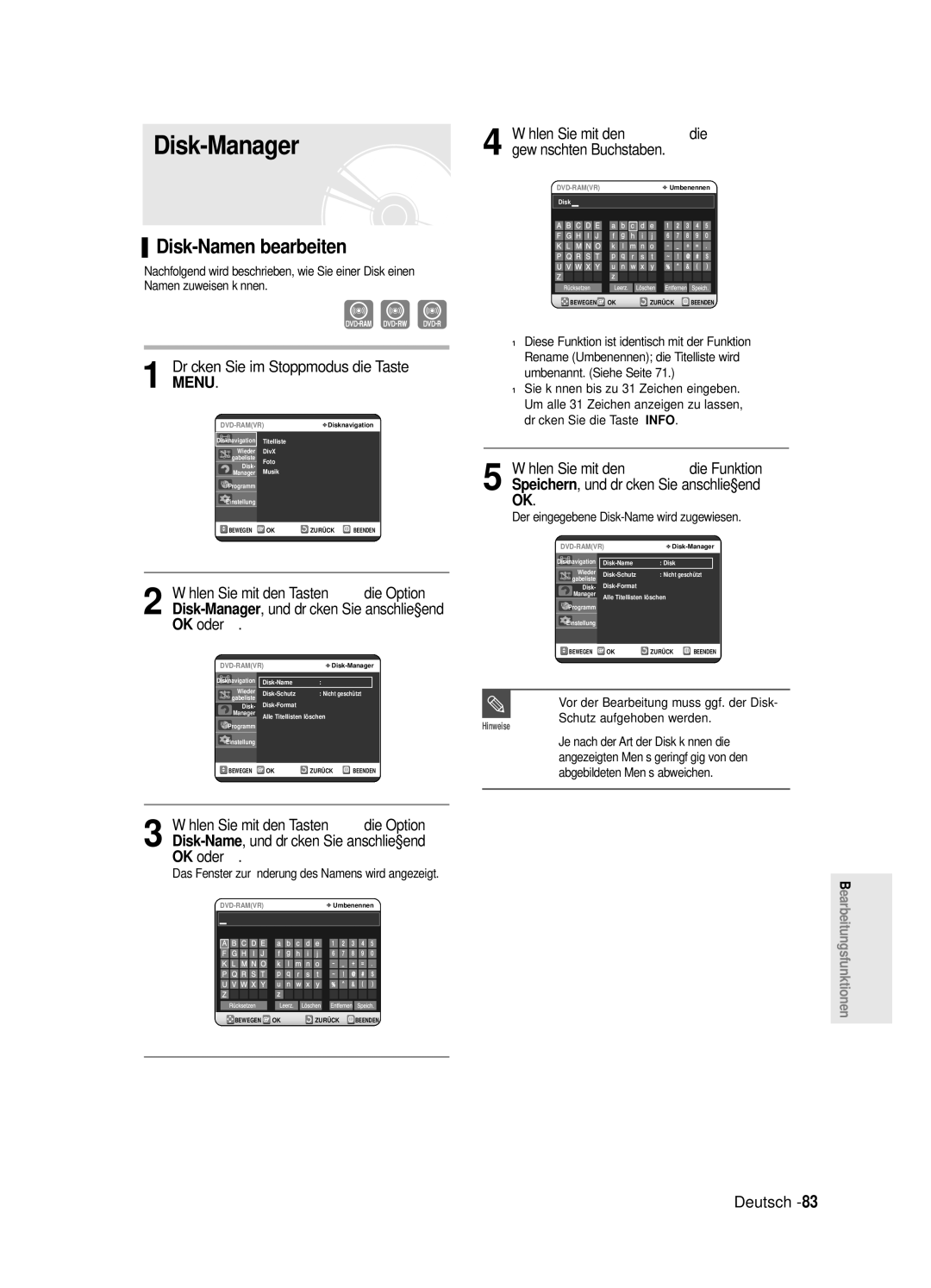 Samsung DVD-R125/XEG manual Disk-Manager, Disk-Namen bearbeiten, Der eingegebene Disk-Name wird zugewiesen 