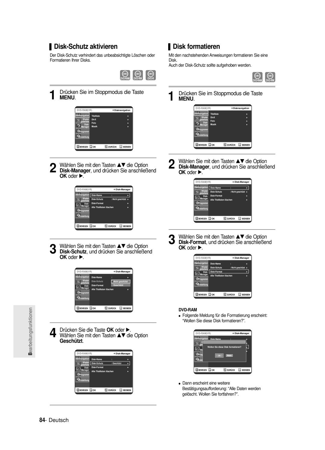 Samsung DVD-R125/XEG manual Disk-Schutz aktivieren, Disk formatieren, Disk-Manager, und drücken Sie anschließend 