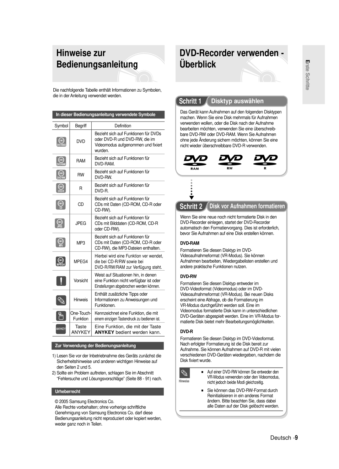 Samsung DVD-R125/XEG manual Hinweise zur, Bedienungsanleitung Überblick, DVD-Recorder verwenden 