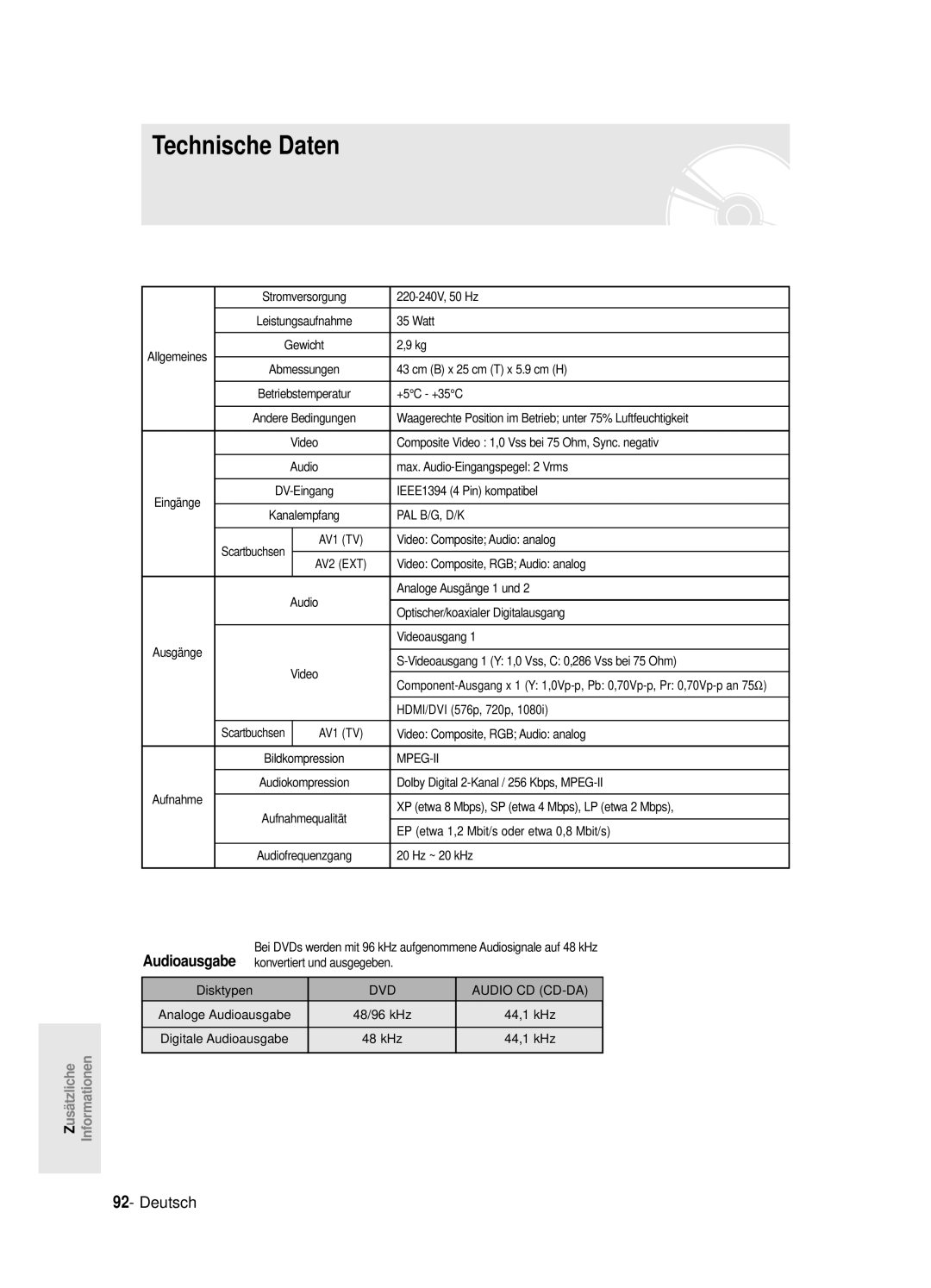 Samsung DVD-R125/XEG manual Technische Daten 