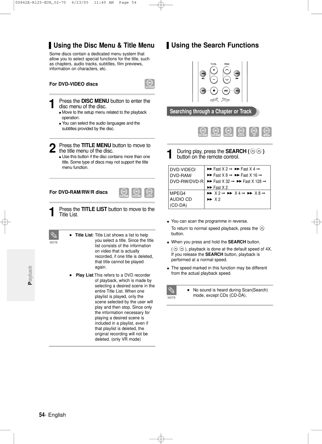 Samsung DVD-R125/XEH Using the Search Functions, Searching through a Chapter or Track, Title List, For DVD-VIDEO discs 