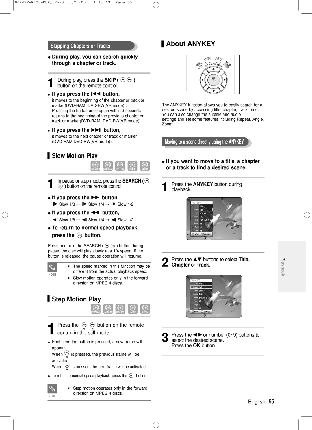 Samsung DVD-R125/XEE, DVD-R125/XET manual About Anykey, Slow Motion Play, Step Motion Play, Skipping Chapters or Tracks 