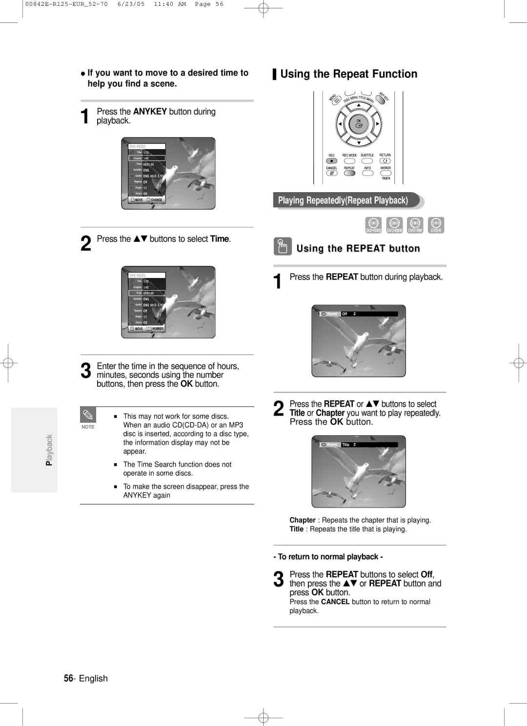 Samsung DVD-R125/XET, DVD-R125/EUR, DVD-R125/XEH manual Using the Repeat Function, Playing RepeatedlyRepeat Playback, Time 